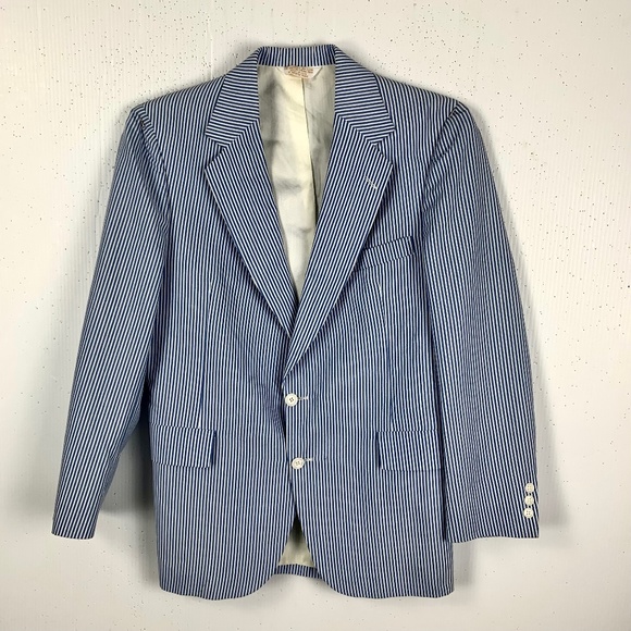 Vintage 1970s Adams Row Blue Searsucker Jacket 42R USA 2 Buttons Excellent